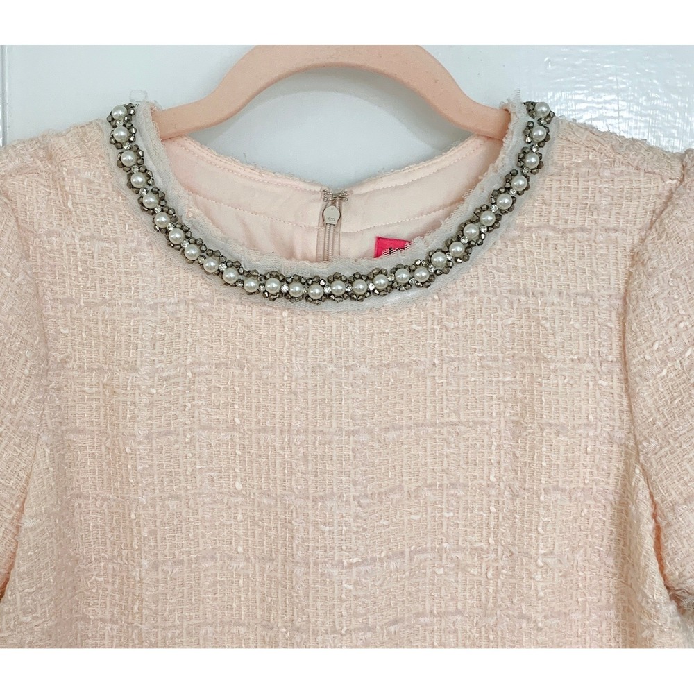 Vintage Betsey Johnson Pink Bouclé Tweed Shift 4 Pearl Rhinestone Mini Dress - Picture 3 of 16